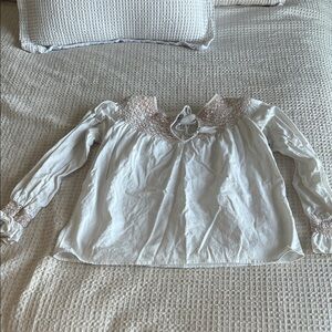 Faherty White Tunic Blouse with Pink Embroidered Yoke